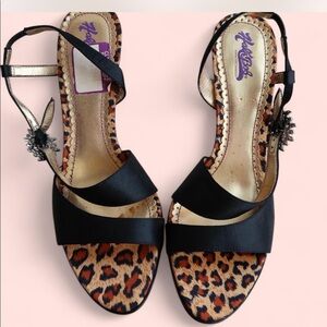 Halé Bob Leopard print satin high heels with rhinestone detail